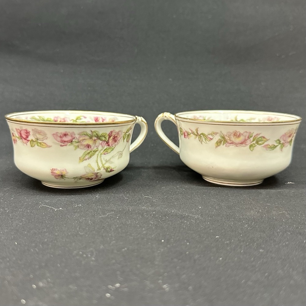 Haviland Limoges 'The Amstel' Bouillon Cups, Gold Pink Roses, Antique, Set of 2